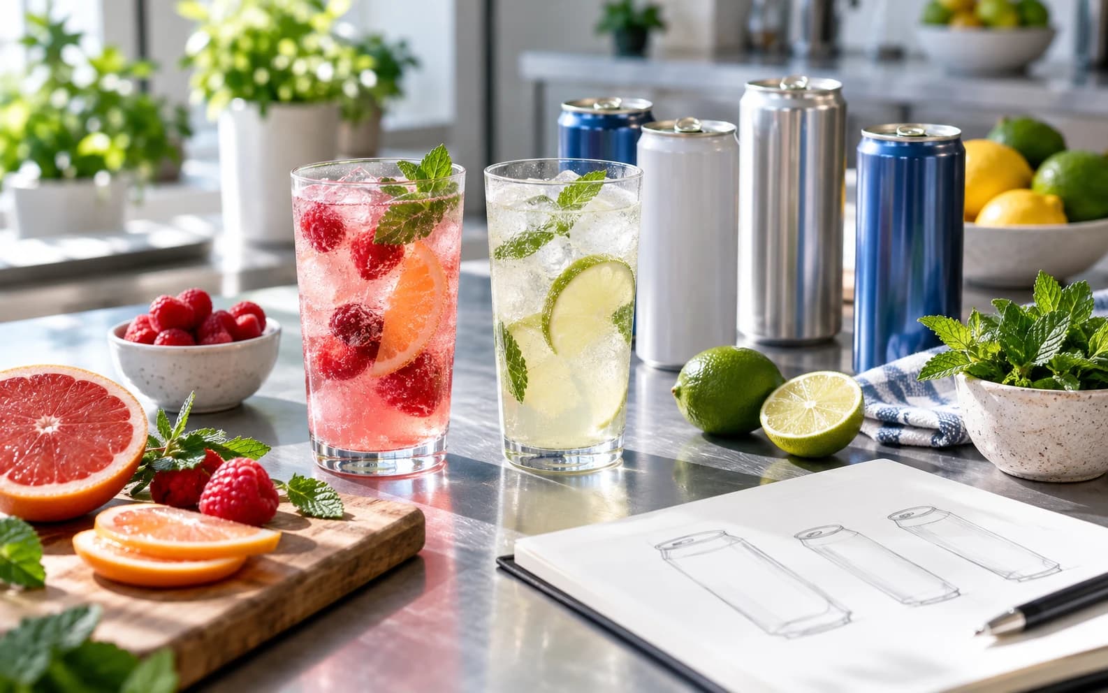 Citrus and berry drinks beside unbranded cans, fresh ingredients and beverage packaging sketches